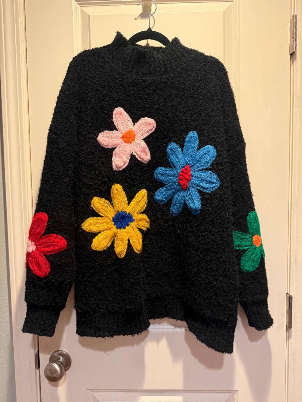 Fluffy Black Sweater with Flowers